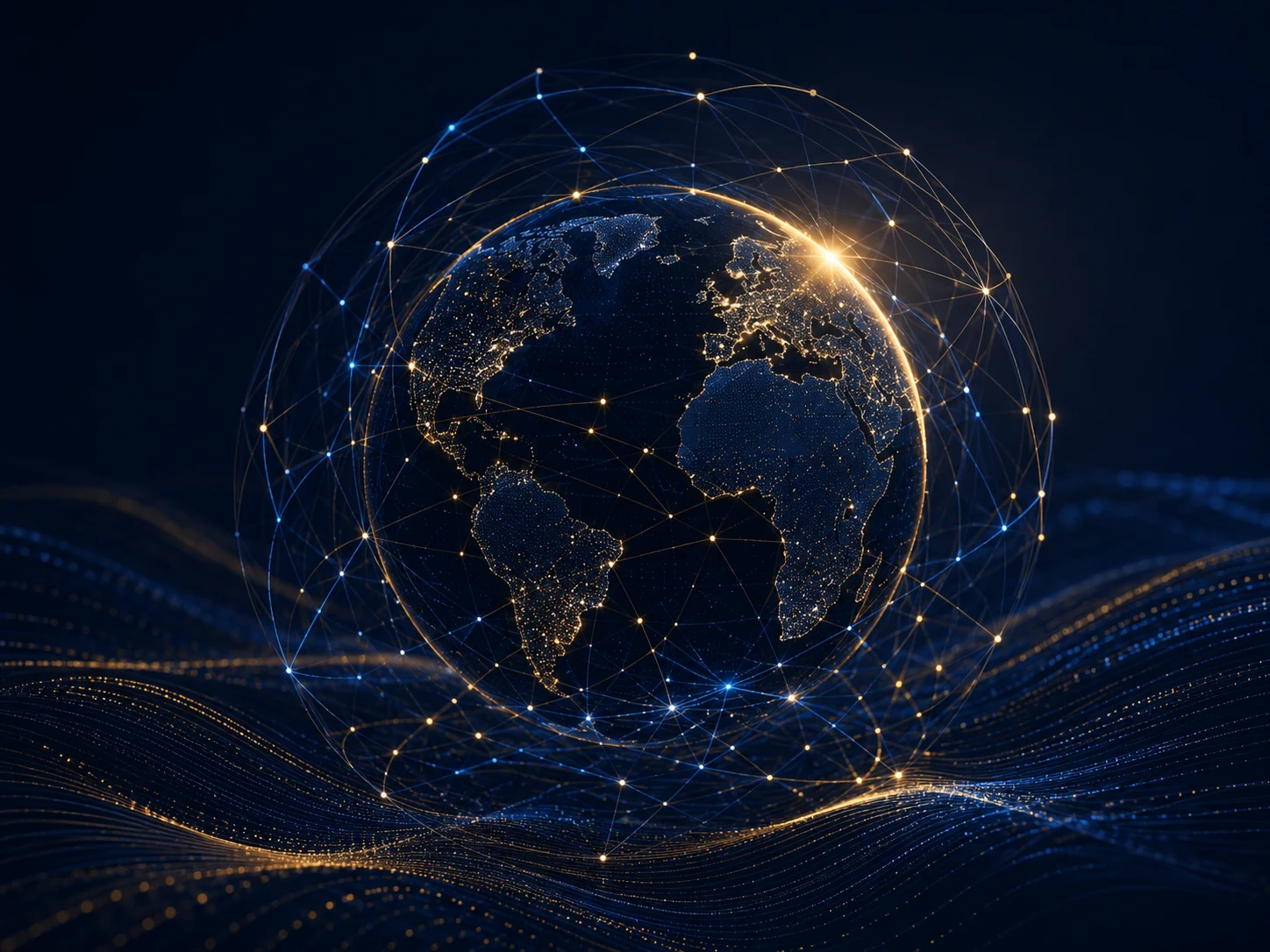 A connected global network rendered over a navy and gold globe