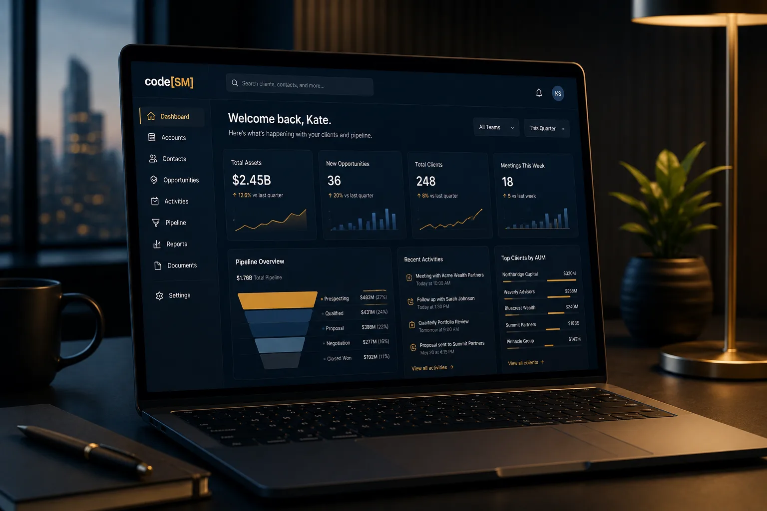 A finance CRM showing a client relationship record