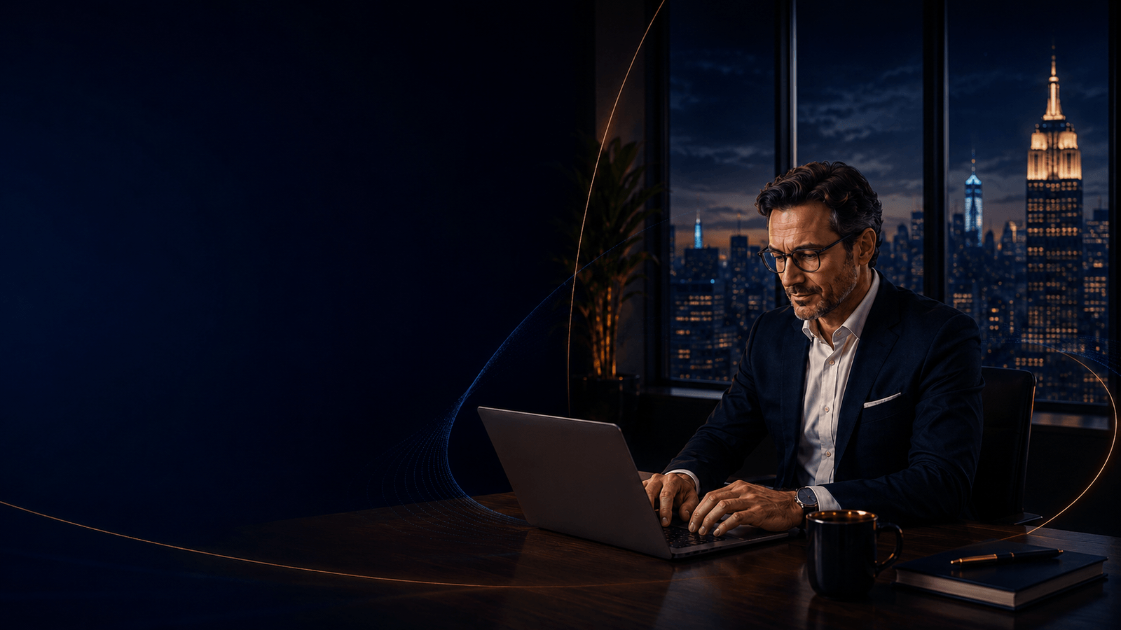A wealth advisor working late at a laptop with the city skyline at dusk behind him