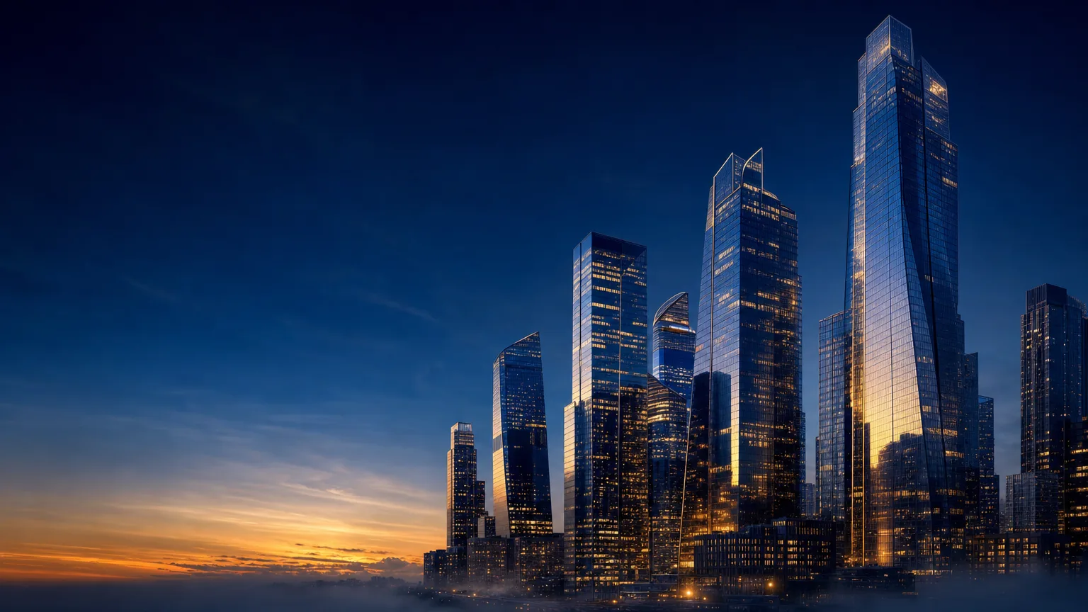 A modern financial-district skyline at dusk